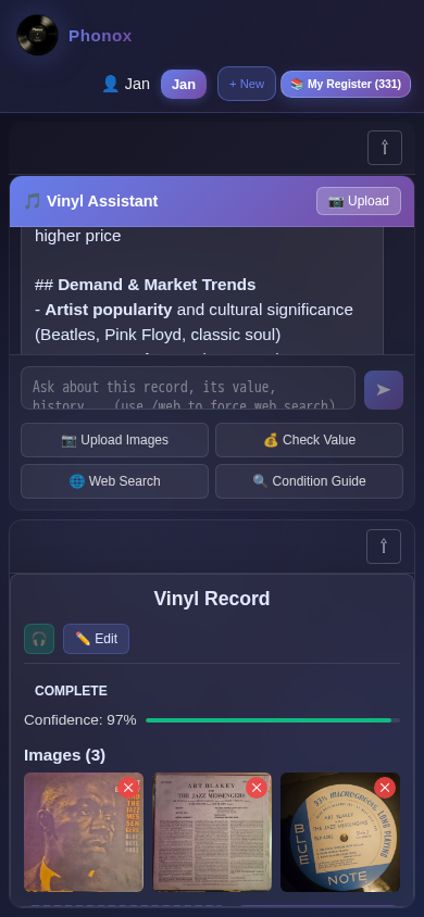 Phonox on mobile — main interface