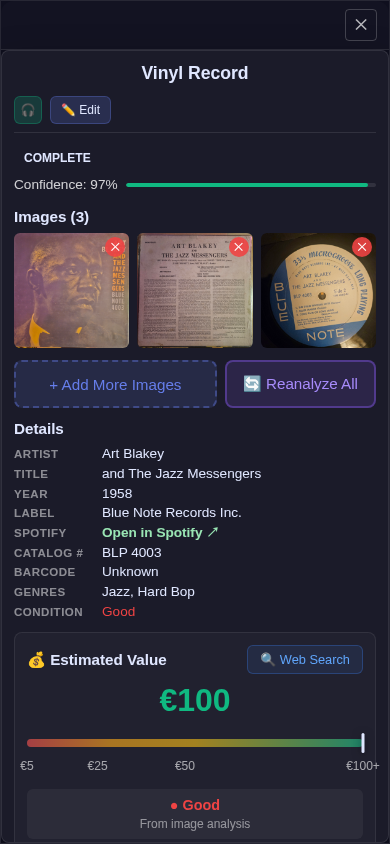 Phonox on mobile — Vinyl Card expanded