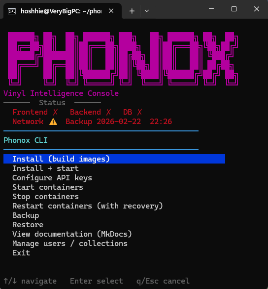 Phonox CLI interactive curses menu with status panel