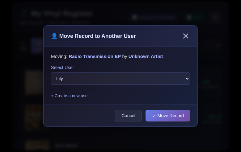 Move Record dialog showing the record title, a user selection dropdown, and the Move Record button