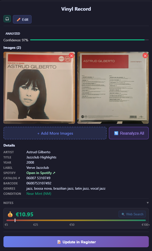 Vinyl Panel showing the NOTES row collapsed, the compact value row, and the Update in Register button