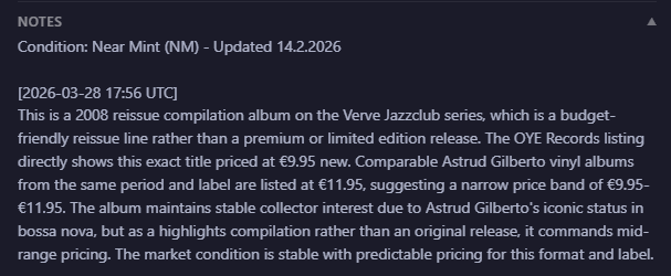 NOTES section expanded showing Claude's timestamped valuation reasoning for an Astrud Gilberto record