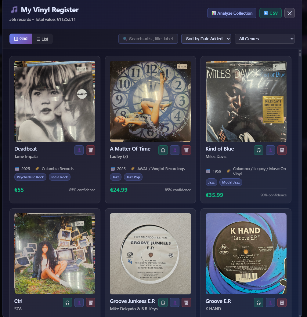 Vinyl register sort dropdown showing the new Sort by Date Added option